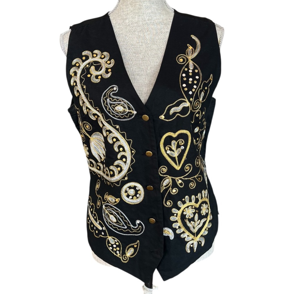 Sandy Starkman Vintage Embroidered Vest Black Gold Silver Paisley Floral Large